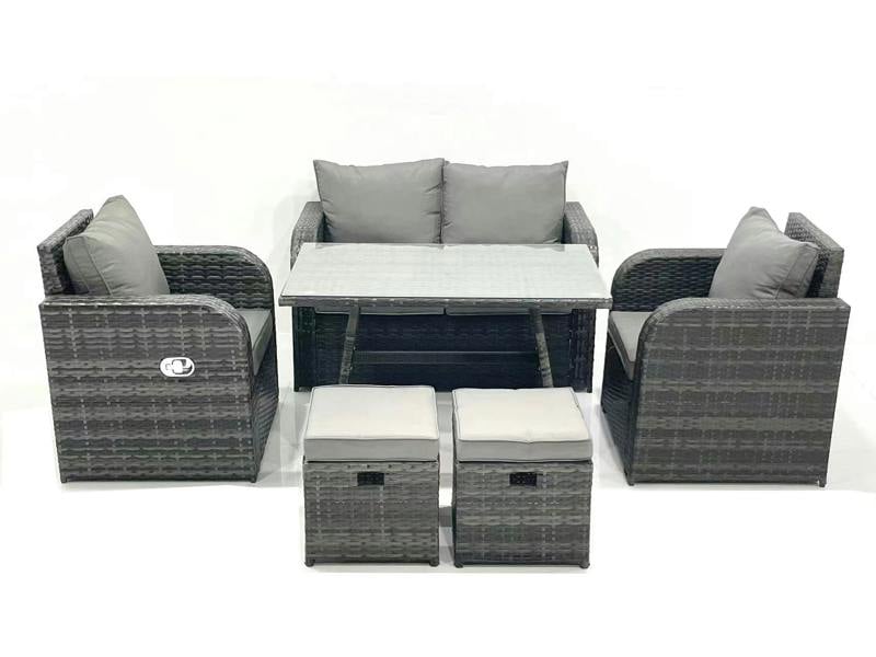 Fimous Outdoor Garden Set, Rattan Sofa Dining Table, Reclining Chair and 2 Small Footstools, Dark Grey Mixed