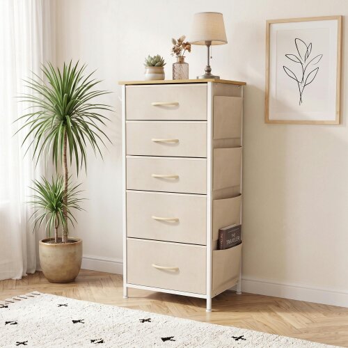 HOMCOM Fabric Chest of Drawers, 5 Drawer Dresser for Bedroom, Beige