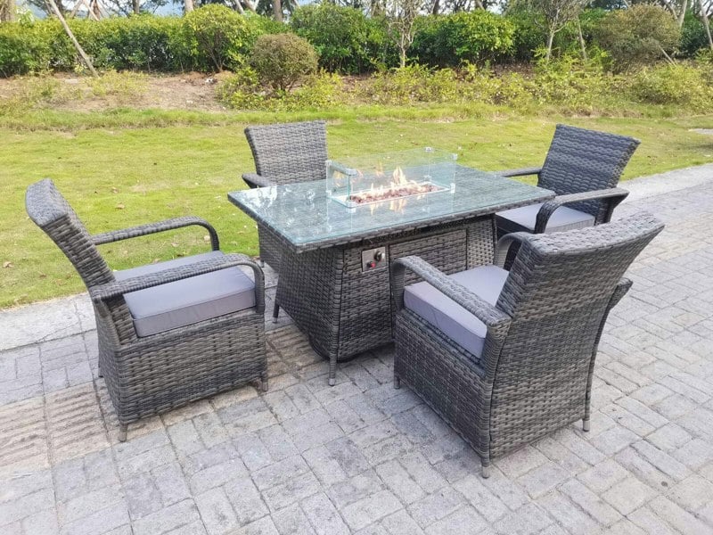 Fimous Rattan Garden Furniture Gas Fire Pit Rectangle Dining Table Gas Heater And Dining Chairs 4 Seater
