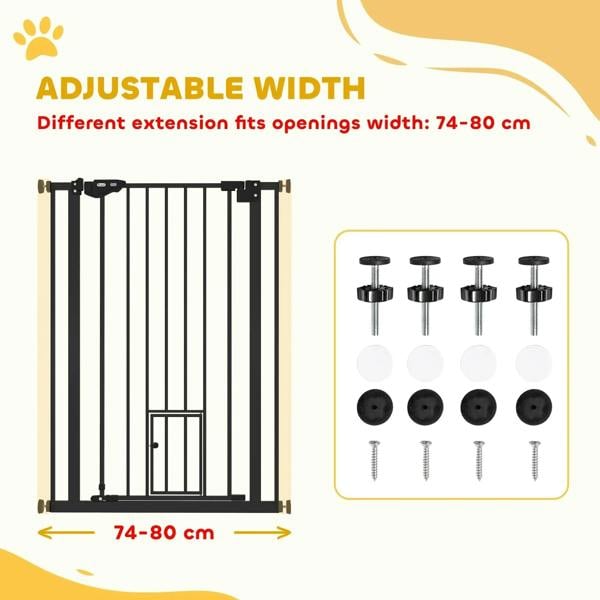 Black adjustable-width pet gate, diagram with 74–80 cm width range