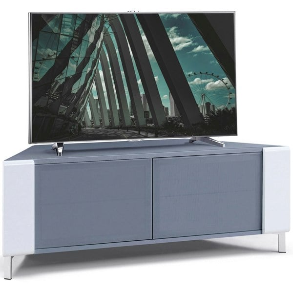 MDA Designs CORVUS Corner-Friendly Grey BeamThru Glass Doors with White Profiles Contemporary Cabinet for Flat Screen TVs up to 50"