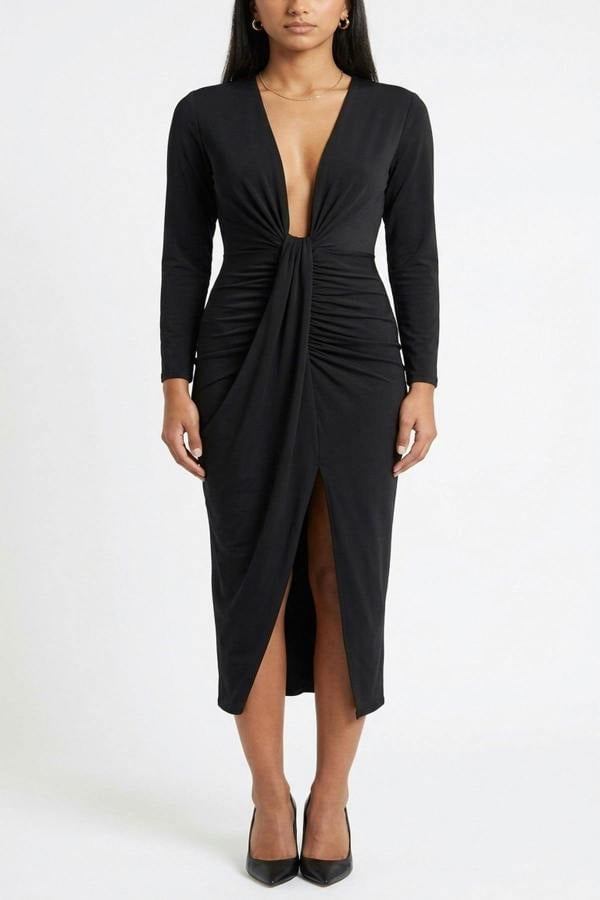 Julia V Neck Ruched Front Slit Midi Dress - Black