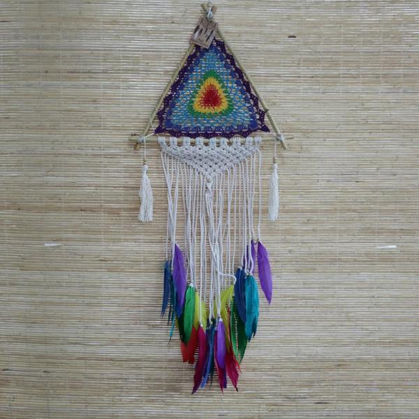 Small hanging dream catcher pyramid with blue crochet design and multicolor feathers