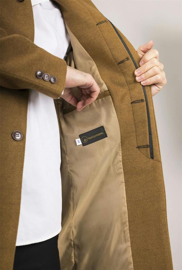 Infinity Leather Men's Tan Stand Collar Wool Blend Overcoat