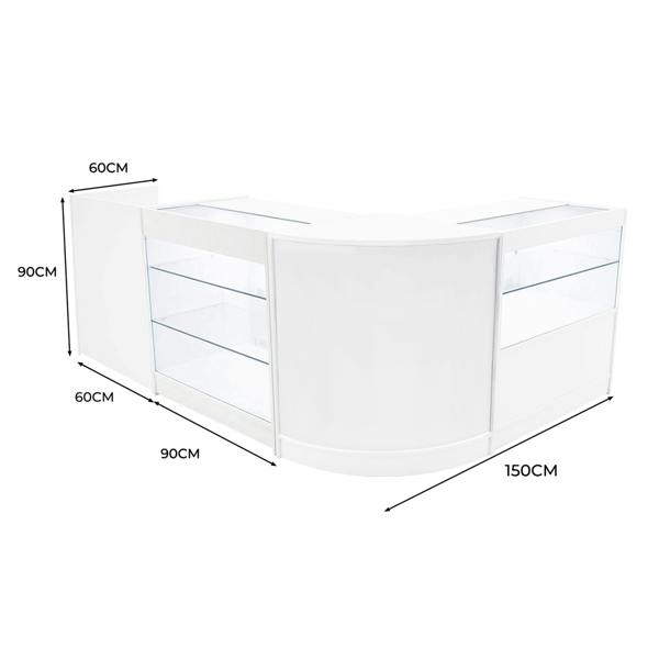 Vega LED Shop Counter Set in white, featuring sleek curved design, glass display shelves, and dimensions of 150cm x 90cm x 90cm
