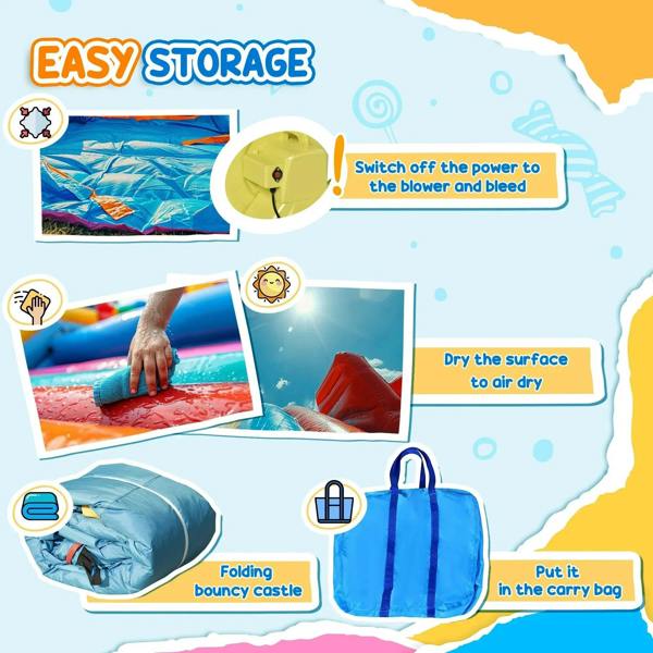 Folding inflatable bouncy castle with storage carry bag for easy storage