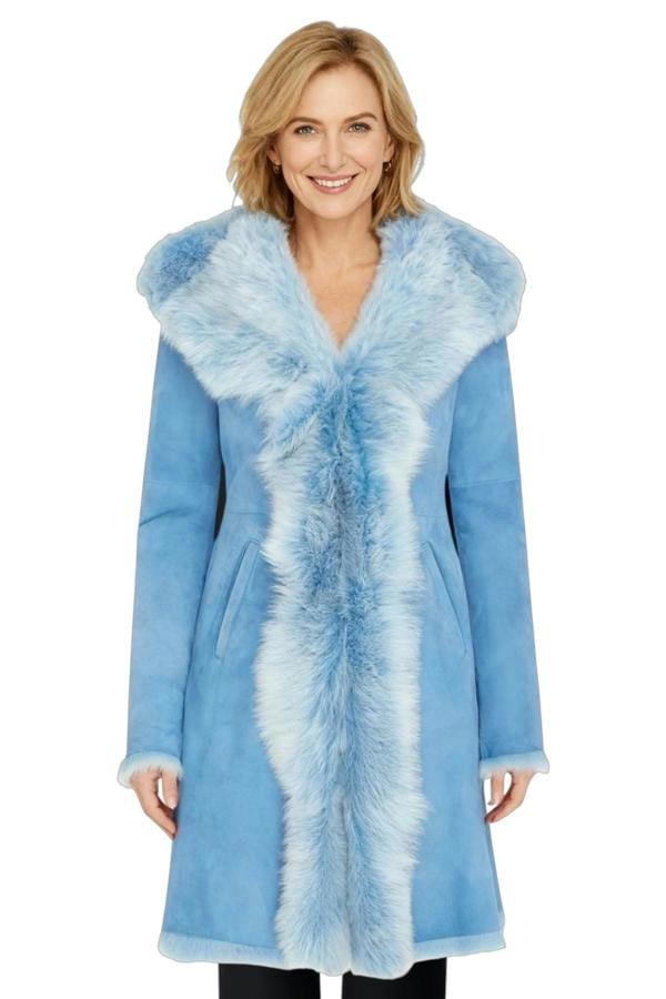 Infinity Leather Womens Blue Toscana Sheepskin Suede Leather Hooded Trench Coat - Aura