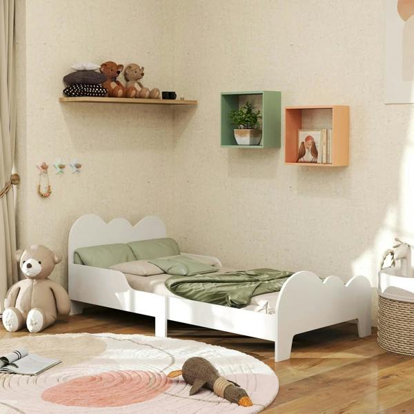 White cloud-themed toddler bed frame with safety rails, low headboard and footboard