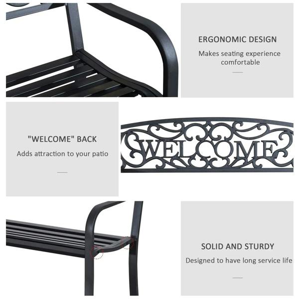 Black steel garden bench close-up showing slatted seat and curved armrest