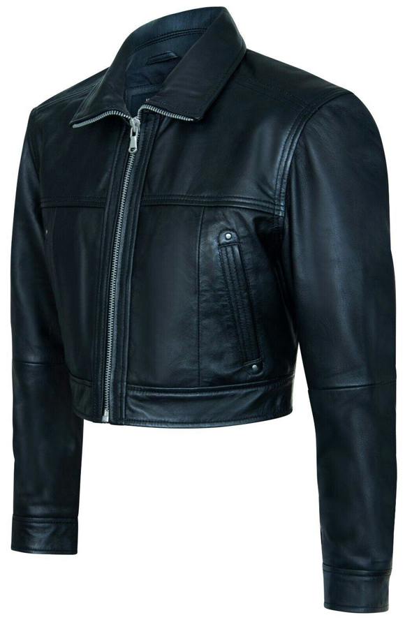 Infinity Leather Womens Black Cropped Biker Leather Jacket - Dubai