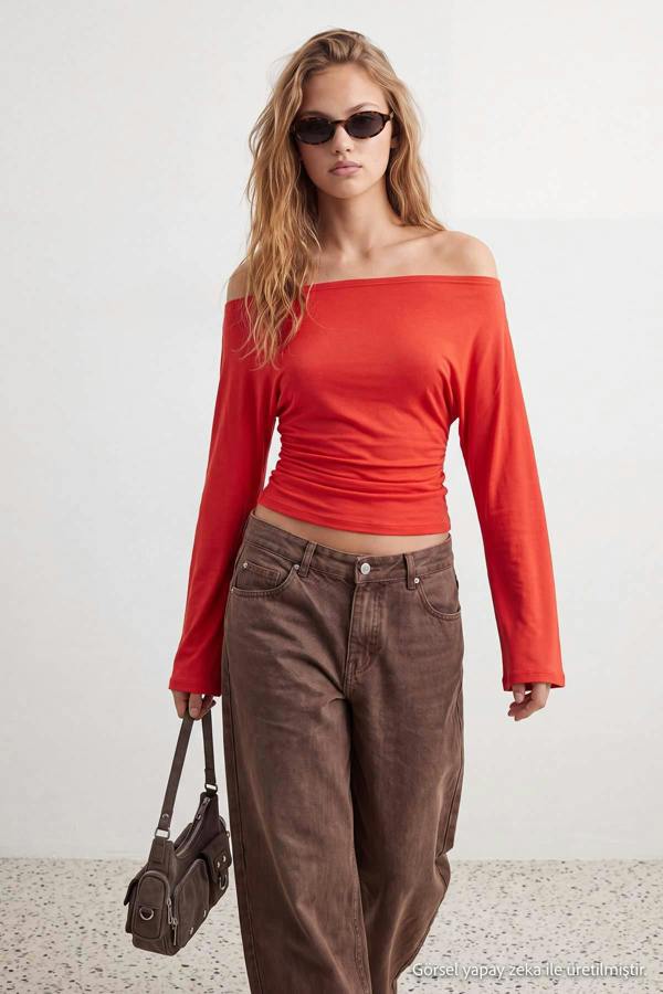 WOVCOR Fitted Boat Neck Batwing Sleeve Ribbed Blouse