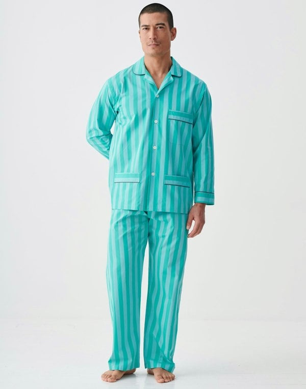 British Boxers Men's Crisp Cotton Pyjama Set – New York Turquoise Stripe