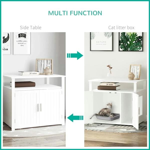 White wooden cat litter box enclosure with top usable as a side table