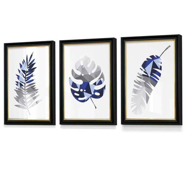 Artze Wall Art GEOMETRIC Set of 3 Blue & Grey Tropical Leaves Framed Prints