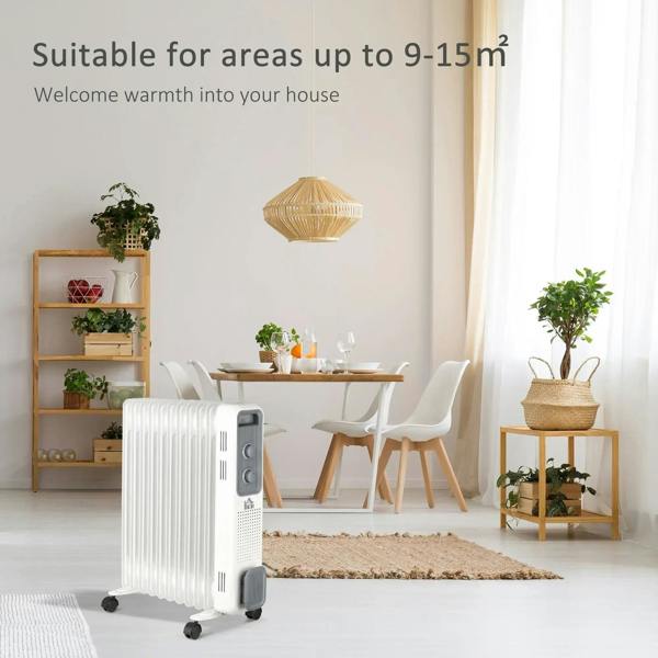 White oil-filled electric radiator heater with 11 fins and caster wheels.