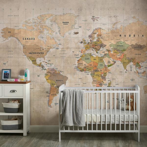 Grandeco Vintage World Map 7 panel Textured Mural, 3.71 x 2.8m, Multi Neutral