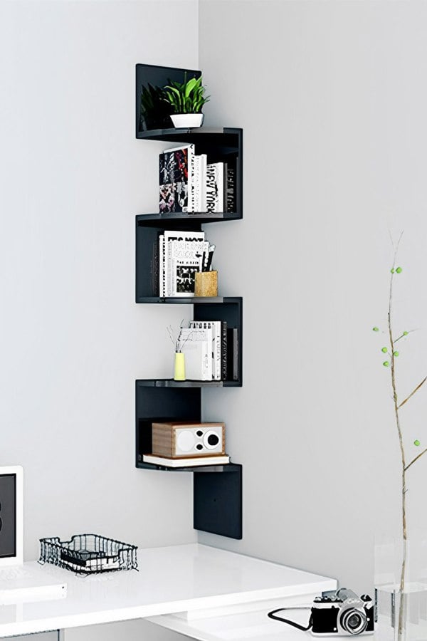 Living and Home 5-Tier Wooden Zigzag Floating Corner Shelves Black Bookshelf