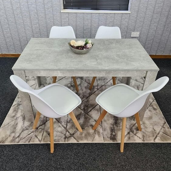 Kosy Koala Stone Grey Effect Wood Dining Table Set with 4 White Plastic Chairs Modern Dining Room Furniture