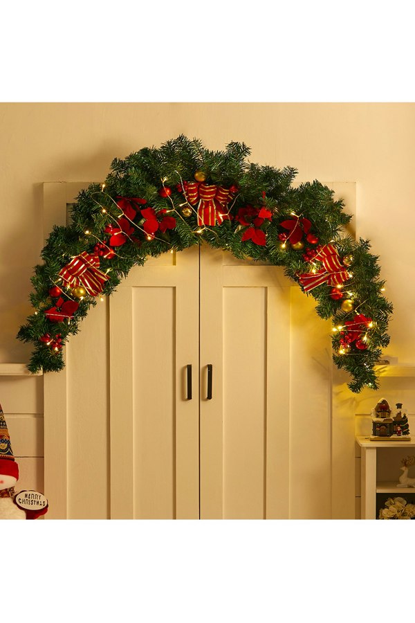 Living and Home 1.8m Artificial Christmas Swag with LED Light for Front Door Fireplace Bows Flowers Balls Decorative Swag Wreath