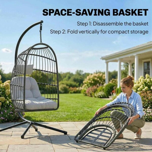 Hanging Egg Chair, Indoor Outdoor Hammock Swing Chair with Stand, Safety Strap, Foldable Basket, Dark/Light Grey