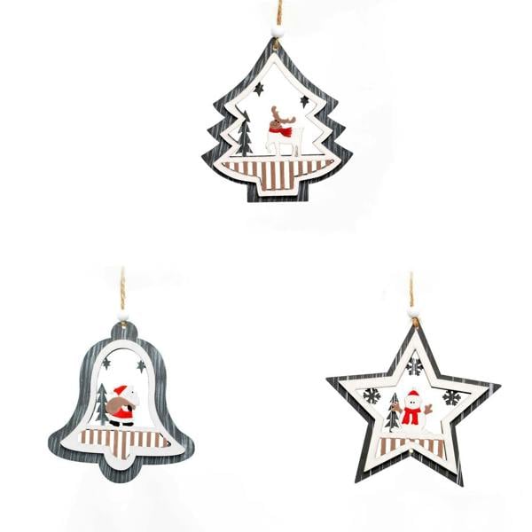 Grey Wooden Christmas Hanging Decorations Set of 3 Assorted Tree, Star and Bell Shapes image 1