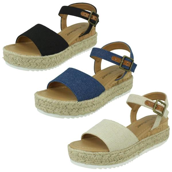Anne Michelle Ladies Mid Platform Wedge Espadrille Mule Sandal with Buckle Ankle Strap F12091