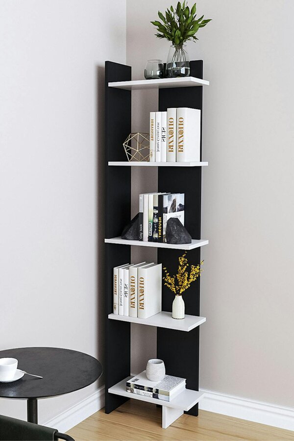 Living and Home 5 Tier Wooden Corner Bookcase Multifunctional Bookshelf Storage and Organizer - Black