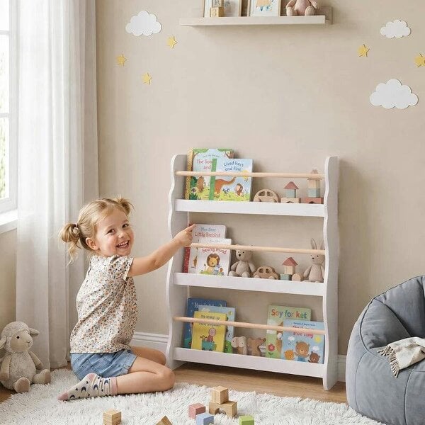 3-Tier Kids Bookshelf Wall Mounted, Kids Bookcase for Playroom, Living Room for Toddlers and Children Aged 3-8, White