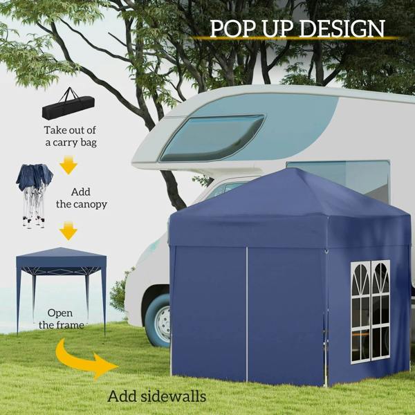 Blue pop-up gazebo frame with canopy and sidewalls featuring window panels
