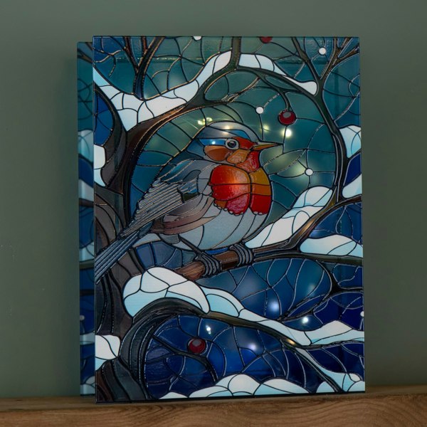 Samuel Alexander 28cm Battery Powered Light up Stained Glass Christmas Decoration with Robin & Warm White LEDs