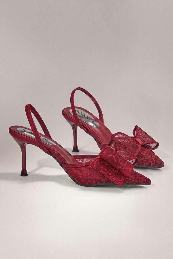 Goddiva Pointed Toe Lace Bow  Stiletto Slingback Heels - Wine by Goddiva