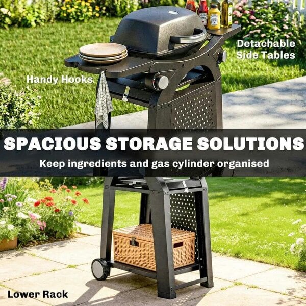 Bobobiy 2 Burner Gas Grill with 2 Side Tables, 3.8 KW Barbecue Grill with Cast Iron Grates, 2-in-1 Tabletop BBQ with Wheels