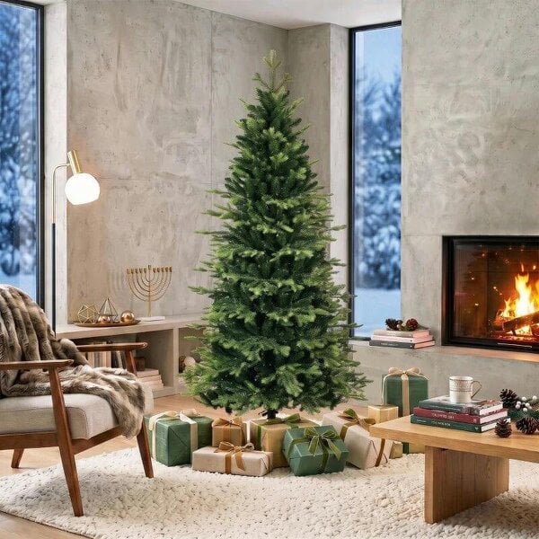 Bobobiy Geneva Fir Hinged Xmas Tree, 6ft/180cm Artificial Christmas Tree with 1610 Branch Tips, Foldable Steel Stand, Green