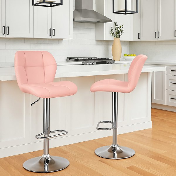 Modcraft Set of 2 Pink PU Leather Bar Stools – Adjustable Swivel Counter Chairs with Backrest