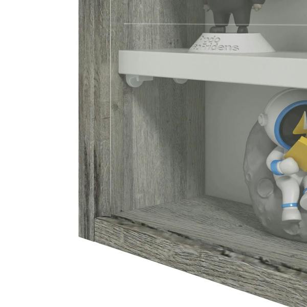 Grey wood-grain cabinet corner with glass door frame and bottom shelf panel
