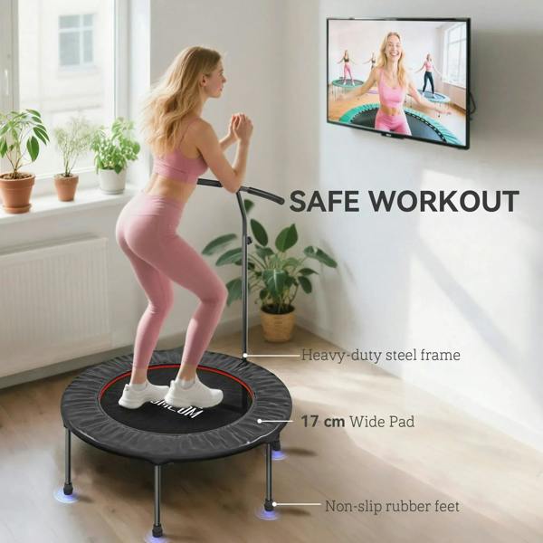 Black fitness trampoline with wide padded mat and non-slip rubber feet for safe workouts