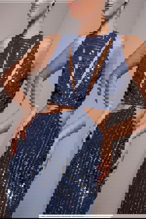 Patterned Sequin Cut Out Midi Dress - Navy DR3756