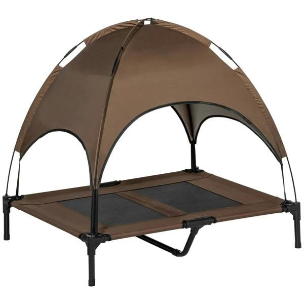 Brown elevated dog cot with arched canopy and breathable mesh side panels