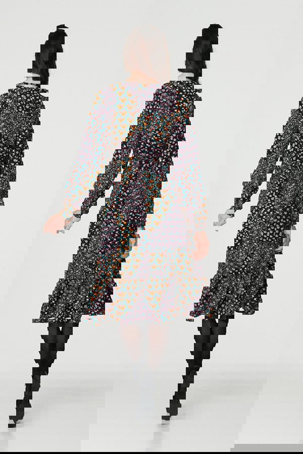 Black | Patchwork Print Ruffled Wrap Dress