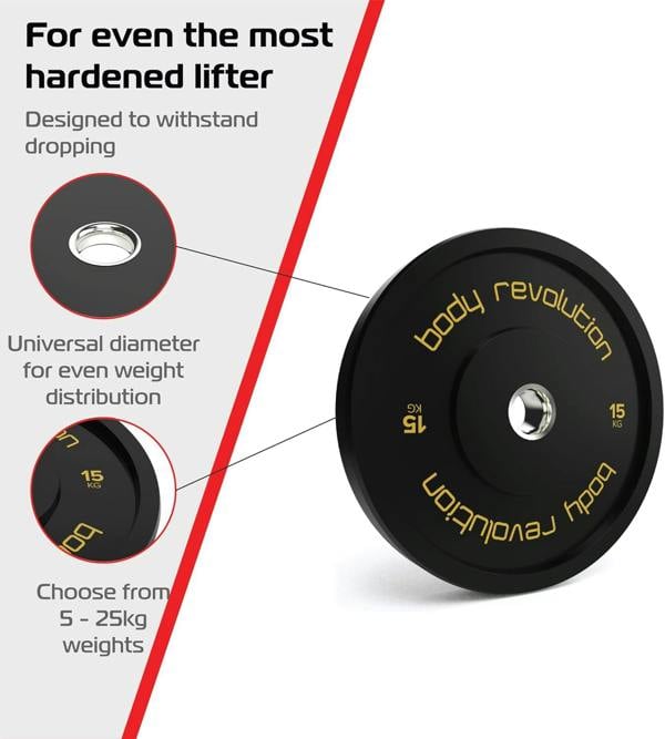 Black Olympic bumper plate with gold lettering, 15kg weight, designed for durability and even weight distribution, ideal for lifting