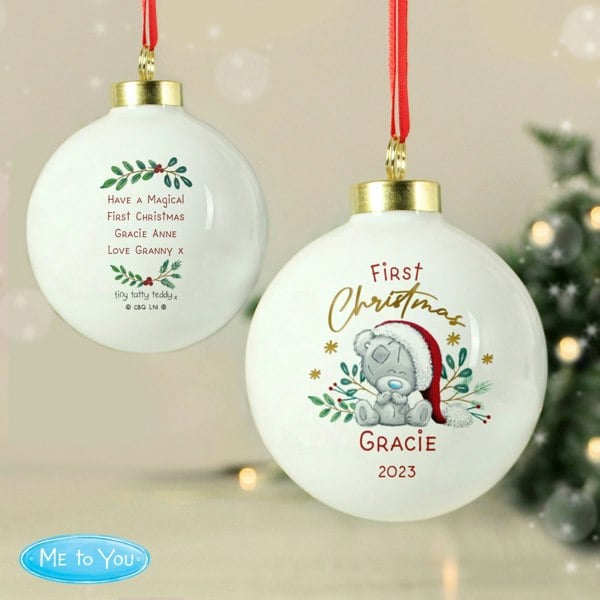 Personalised Memento Company Personalised First Christmas Tiny Tatty Teddy Bauble