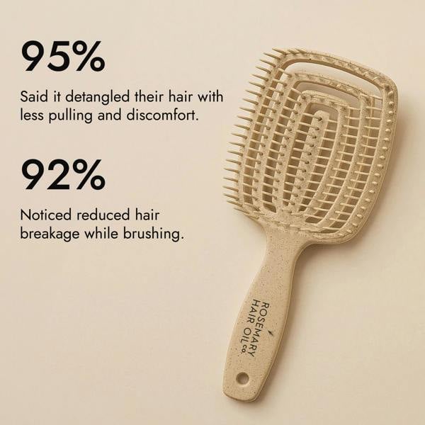 Beige hairbrush with 'Rosemary Hair Oil Co.' branding on a beige background, detangle brush, tangle teaser, flexi brush