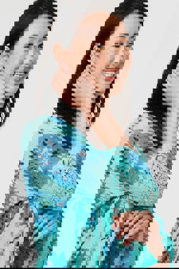 Blue | Floral Lace Trim Tie Front Bardot Blouse
