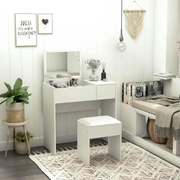White makeup vanity table set with flip-up mirror, drawer storage, and cushioned stool