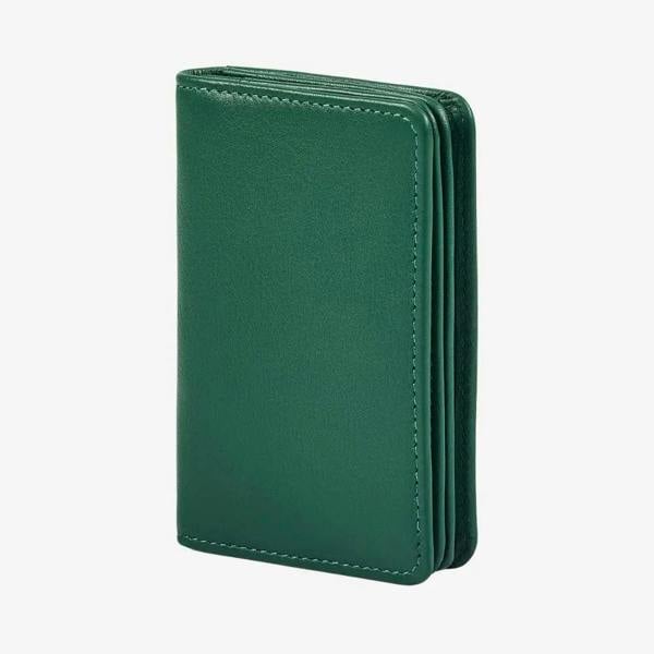 Compact green real leather RFID card holder