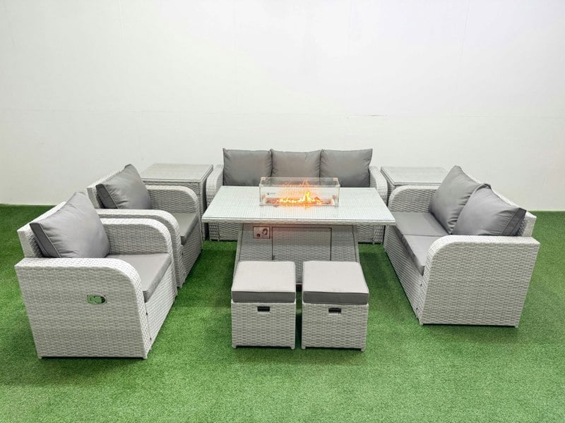 Fimous Rattan Garden Furniture Set Reclining Chair Sofa Double Love Seat 2 Seater Sofa Fire Pit Dining Table 2 Stools 2 Side Table Light Grey