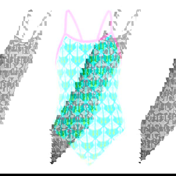 Funkita girls loose goose single strap swimsuit in green with pink geometric pattern