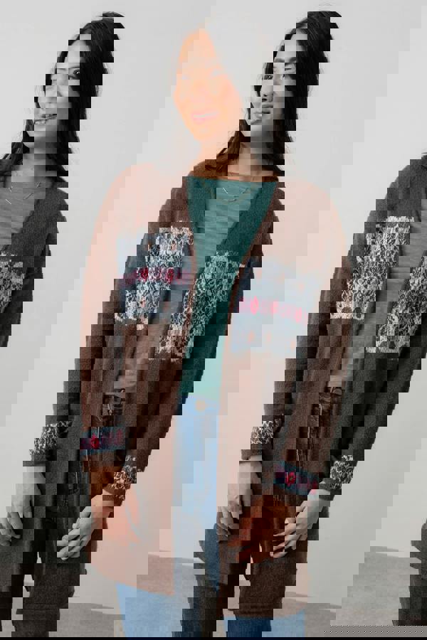 Lily & Me Isle Longline Fair Isle Knit Cardigan Chocolate