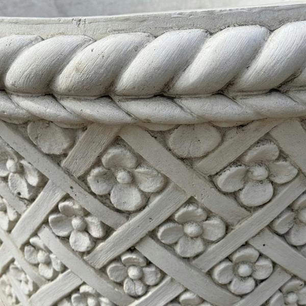 Large Round White Stone Cast Wicker/Flower Design Planter Pot 