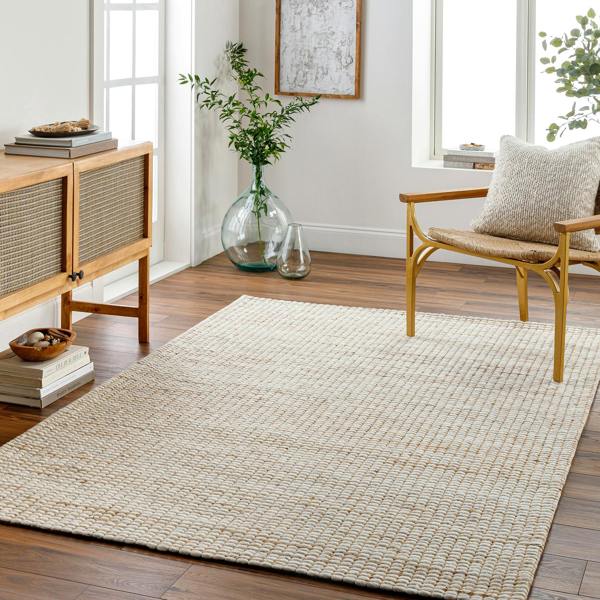 Livabliss Priya-Hand Woven Off-White Tan Jute Wool Modern High Pile Rug